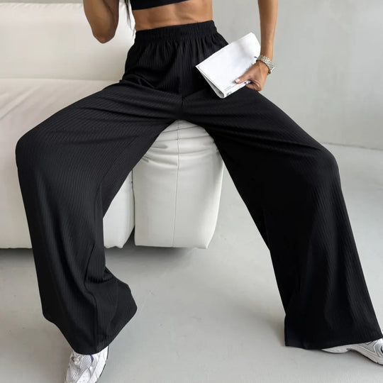 Damen weite High-Waist Palazzo-Hose aus geripptem Jersey mit elastischem Bund EB