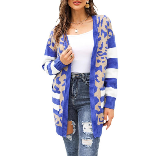 Damen lässige Strickjacke mit leopardenmuster und modernen Streifen EB
