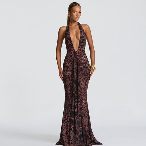 Damen Elegantes Maxikleid mit tiefem V-Ausschnitt und Raffungen EB