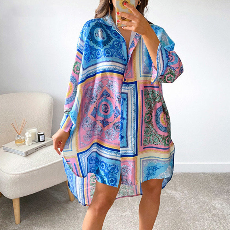 Damen stylisches Oversized-Hemdkleid mit buntem Muster und weit geschnittenen Ärmeln EB