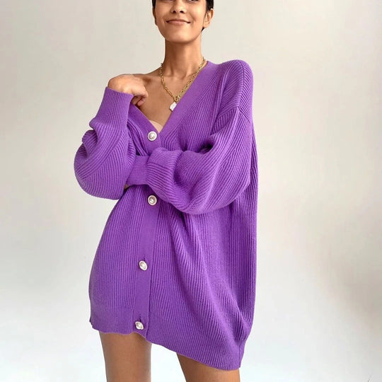 Damen Offene Strickjacke mit Knöpfen und V-Ausschnitt EB