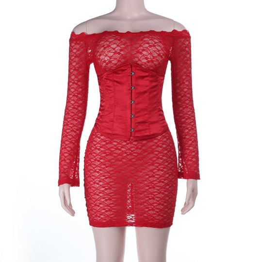 Damen figurbetontes Spitzenkleid mit schulterfreiem Design und raffinierten Details EB