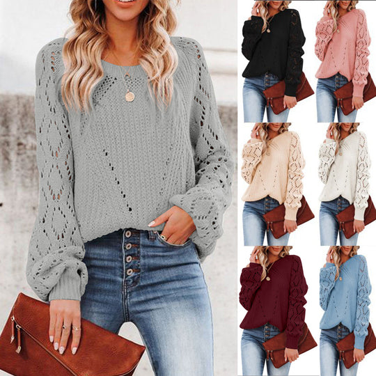 Damen Strickpullover mit romantischem Häkelmuster und voluminösen Ärmeln EB