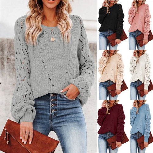 Damen Strickpullover mit romantischem Häkelmuster und voluminösen Ärmeln EB