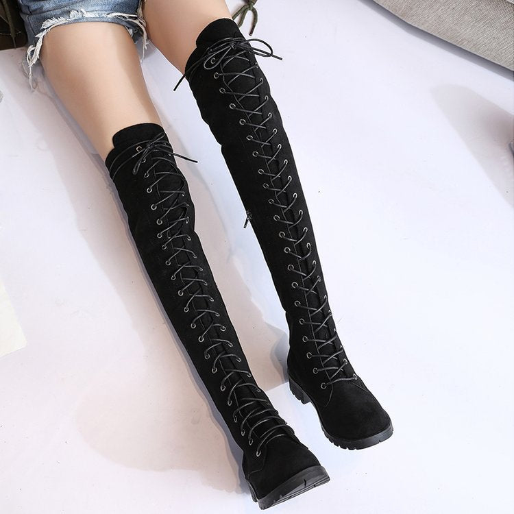 Damen Überknee-Stiefel mit modischem Schnür-Design und robustem Profil EB