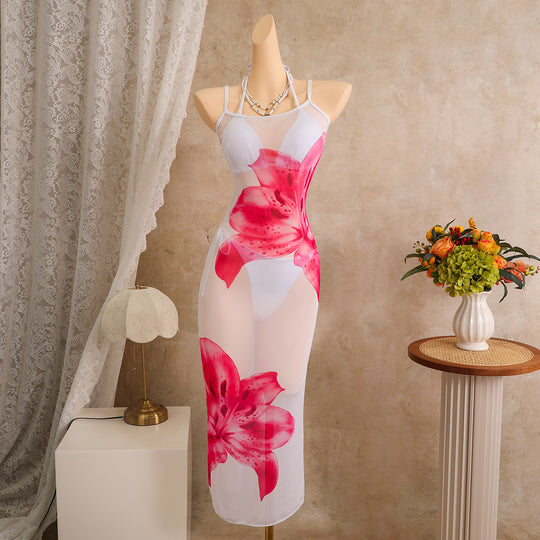 Damen Transparente Strandrobe mit floralem Muster EB