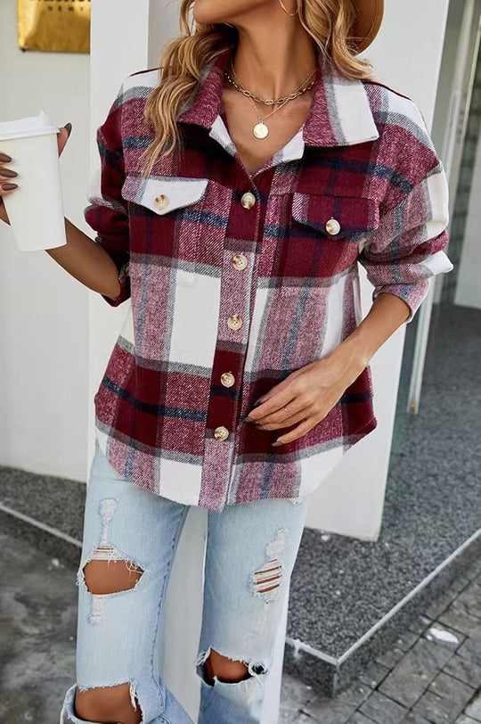 Damen Karierte Flanelljacke mit Knopfleiste und Taschen EB