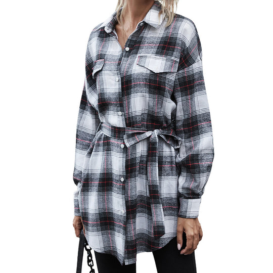 Damen Karo Hemdblusenkleid mit taillierbarem Gürtel und Knopfleiste EB