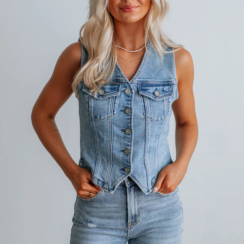 Damen Denim Weste mit Knopfleiste und modernen Schnittrahmen EB