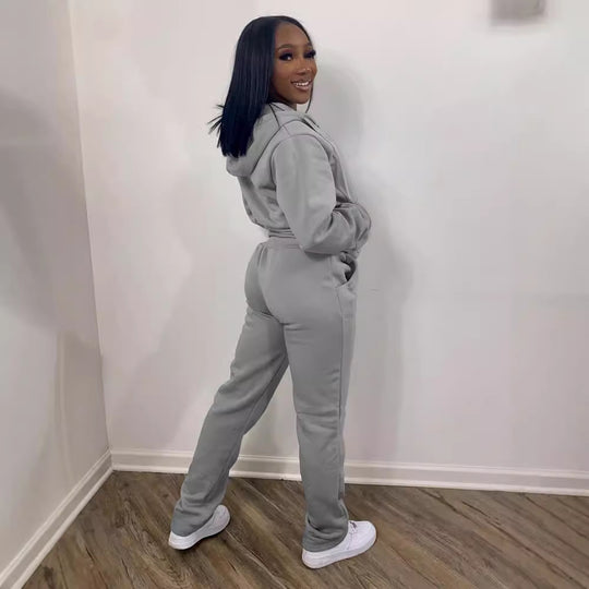 Damen nan Komfort-Zip-Hoodie mit taillenhoher Bootcut-Jogginghose Set EB
