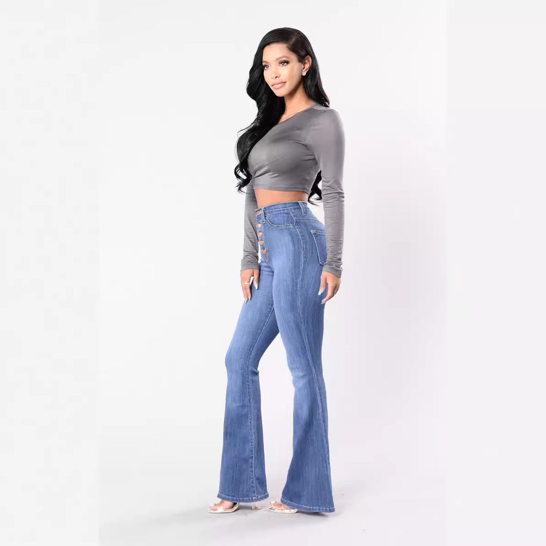 Damen nan Highwaist-Jeans mit ausgestelltem Schlag, taillierter Passform und dekorativer Knopfleiste EB