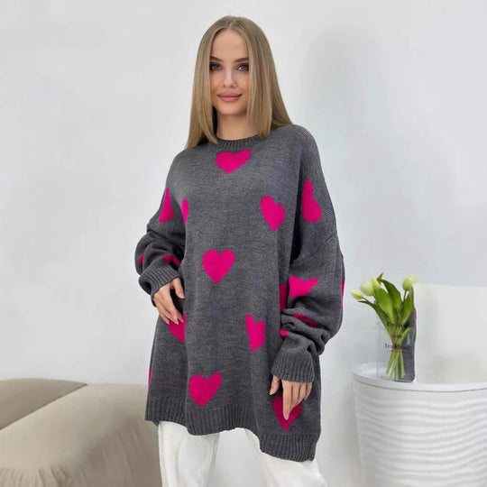 Damen Oversize Strickpullover mit Herz‑Motiv, Rippbündchen & weiter Silhouette EB
