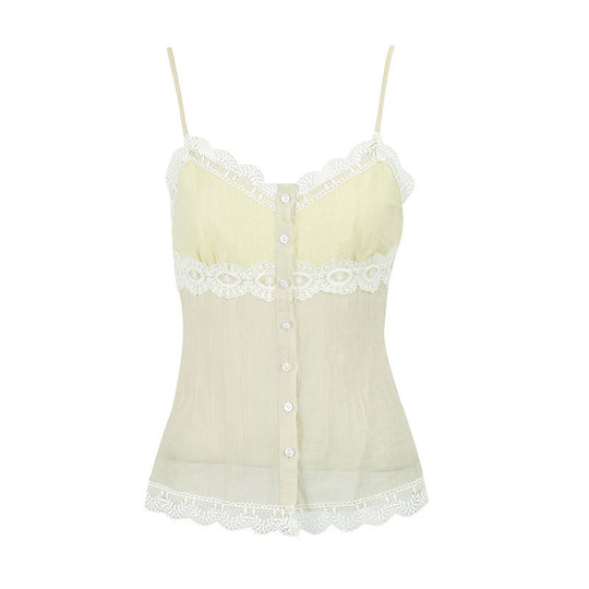 Damen Spaghettiträger Bluse mit Spitzenakzenten und Knopfdetail EB