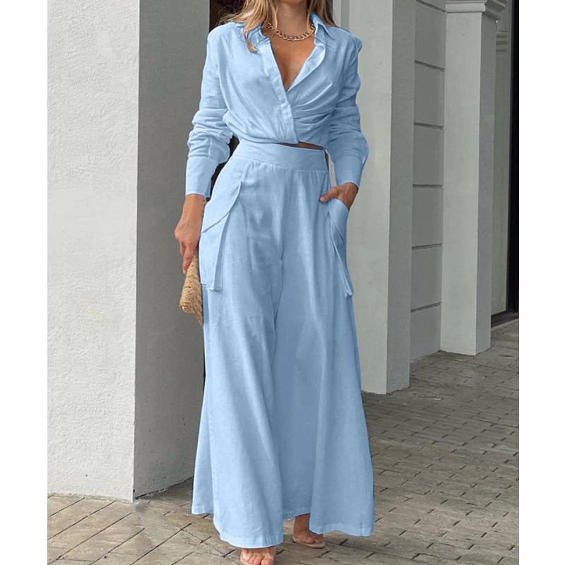 Damen Hochtaillierte weite Palazzo-Hose mit seitlicher Cargotasche und fließender Silhouette EB