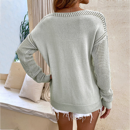 Damen modischer V-Ausschnitt Pullover mit Netzärmel und lässigem Schnitt EB