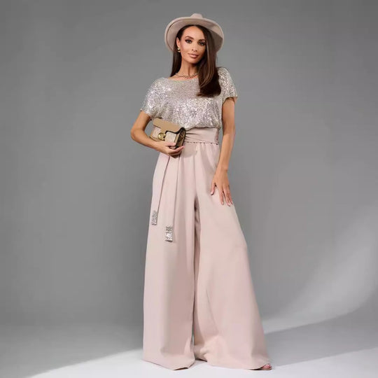 Damen Glitzernder Jumpsuit mit weitem Bein und Taillengürtel EB