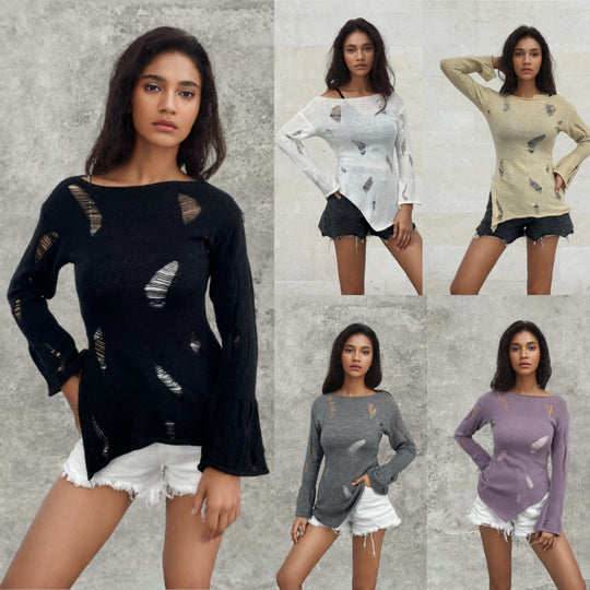 Damen Strickpullover mit lässiger, aufgerissener Optik und weitem Schnitt EB