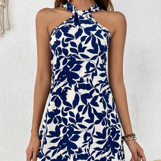 Damen Sommerliches Freizeitkleid mit dekorativem Halsband und floralem Print EB