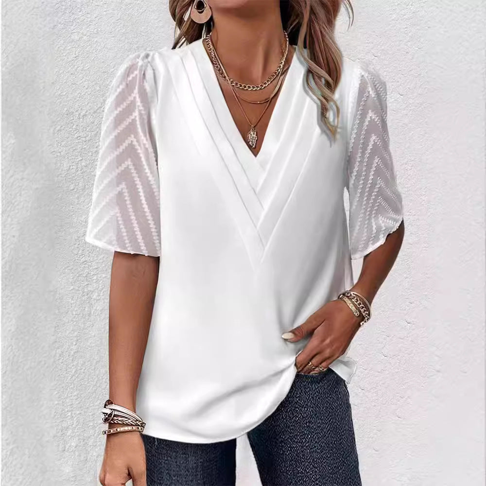 Damen nan elegantes Chiffon-Oberteil mit plissierter V-Passe und transparenten Zickzackärmeln EB