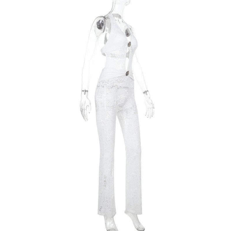 Damen Jumpsuit mit elegantem Spitzendetail und tiefem V-Ausschnitt EB