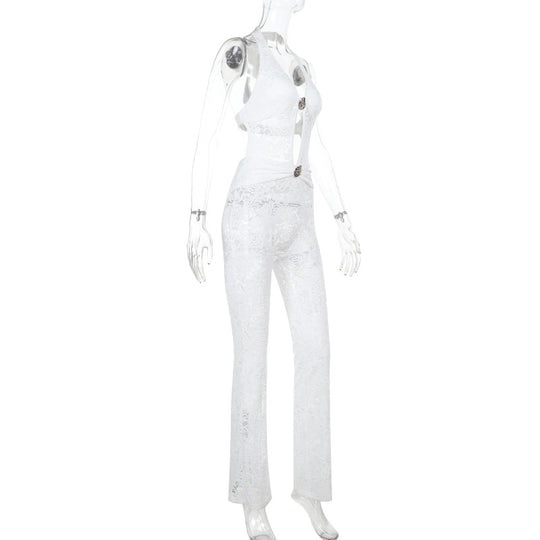 Damen Jumpsuit mit elegantem Spitzendetail und tiefem V-Ausschnitt EB