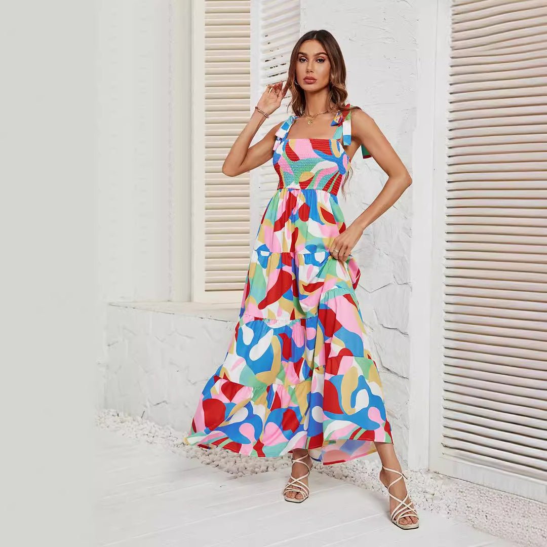 Damen Langärmliges Maxi-Kleid mit verspieltem Mehrfarbigem Design EB