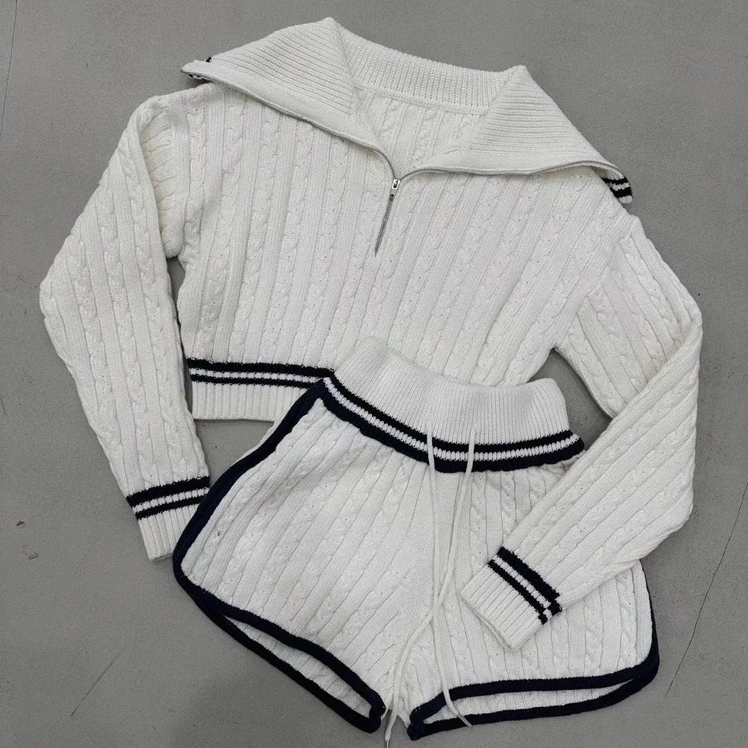 Damen Cropped Strickpullover mit hohem Kragen und Shorts im Set EB