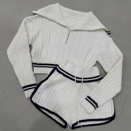 Damen Cropped Strickpullover mit hohem Kragen und Shorts im Set EB