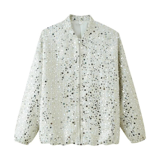 Damen Glitzernde Bomberjacke mit glänzenden Pailletten und Reißverschluss EB