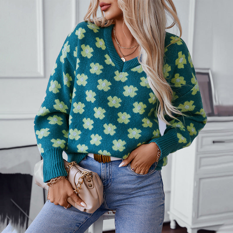 Damen Strickpullover mit floralem Muster und V-Ausschnitt EB