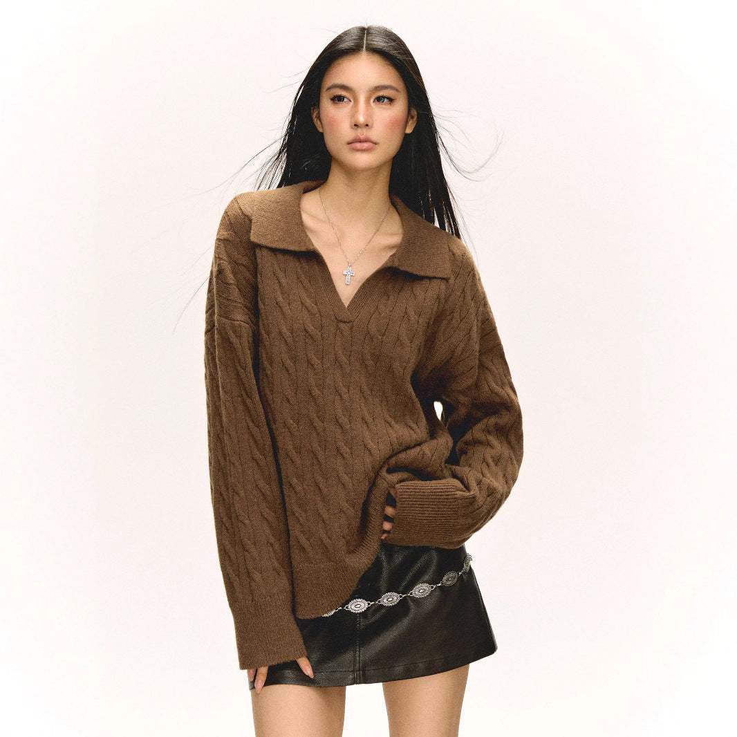 Damen Grob gestrickter Pullover mit V-Ausschnitt und Kragen EB