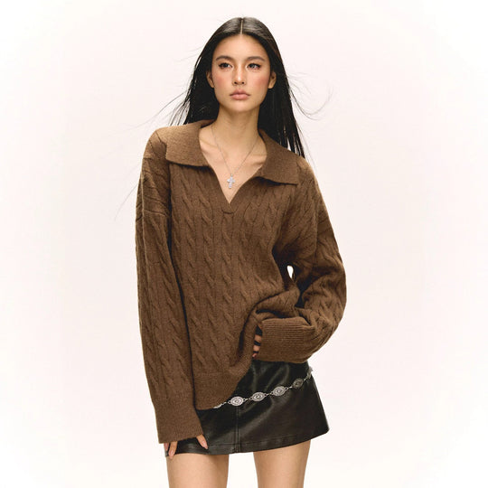 Damen Grob gestrickter Pullover mit V-Ausschnitt und Kragen EB