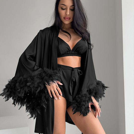 Damen Satin Kimono mit Federn EB