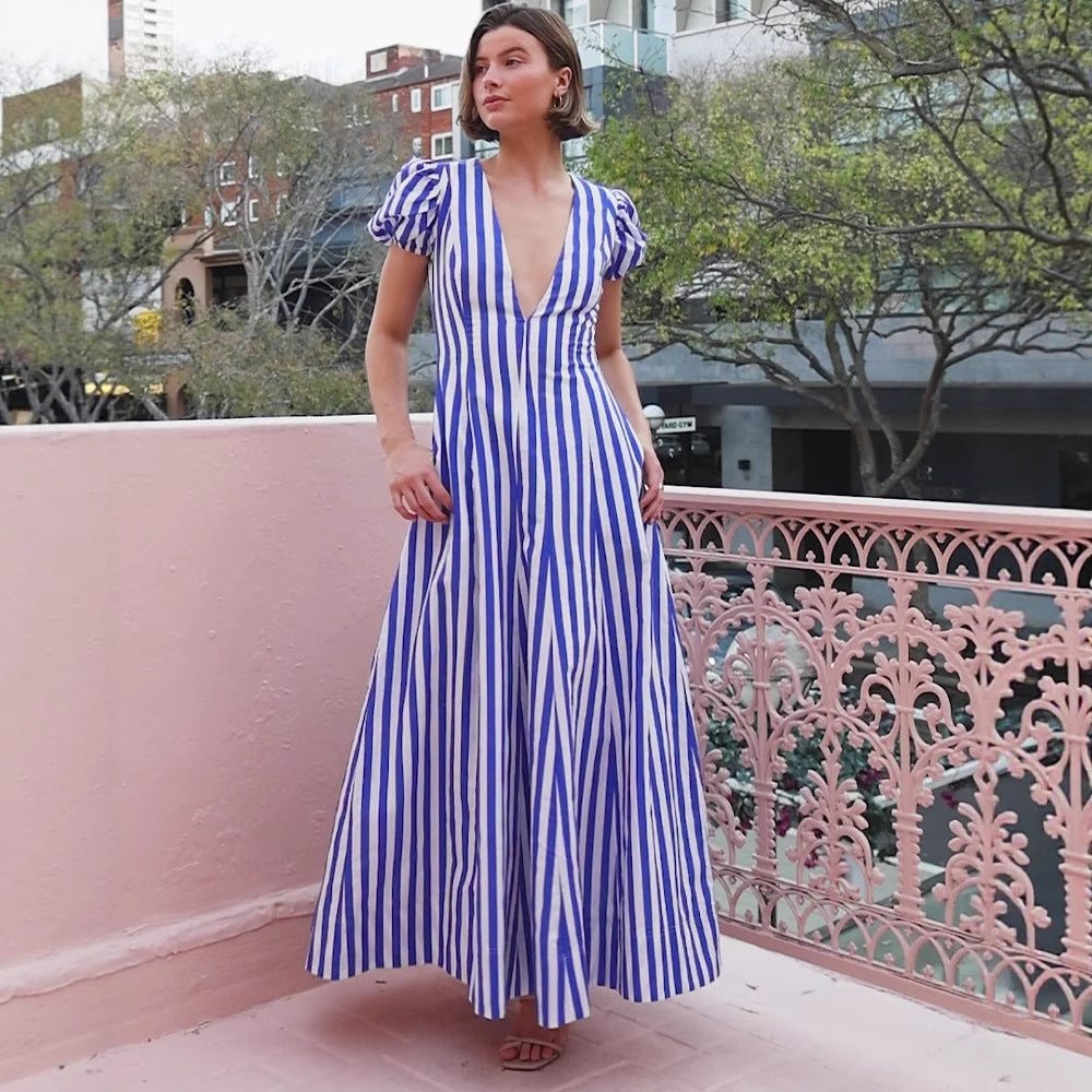 Damen Maxikleid mit tiefem V-Ausschnitt und voluminösen Ärmeln EB