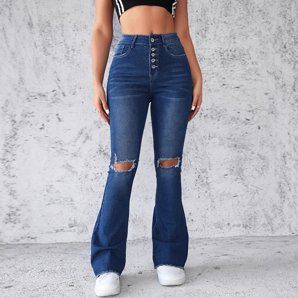 Damen Flared Jeans mit modischen Rissdetails und hohem Taillenbund EB