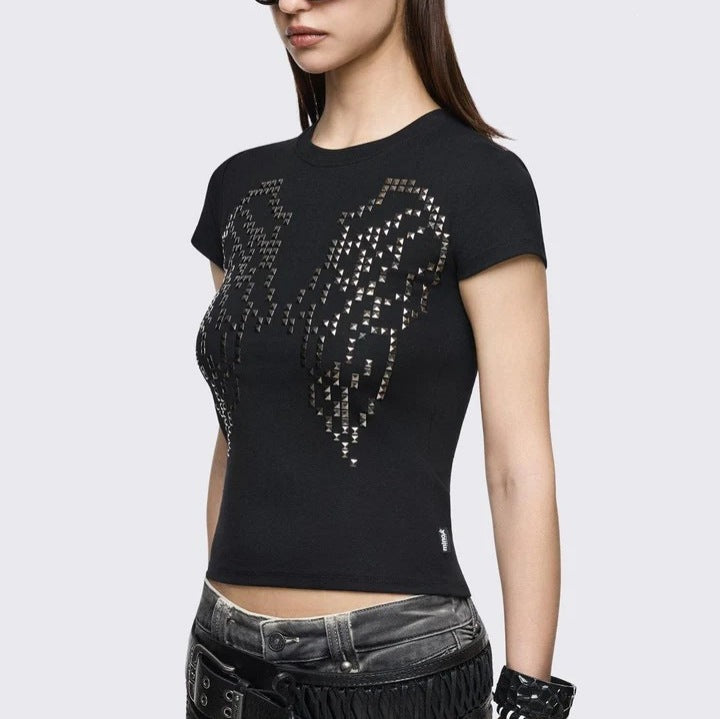 Damen Enganliegendes T-Shirt mit Metallic-Nieten EB