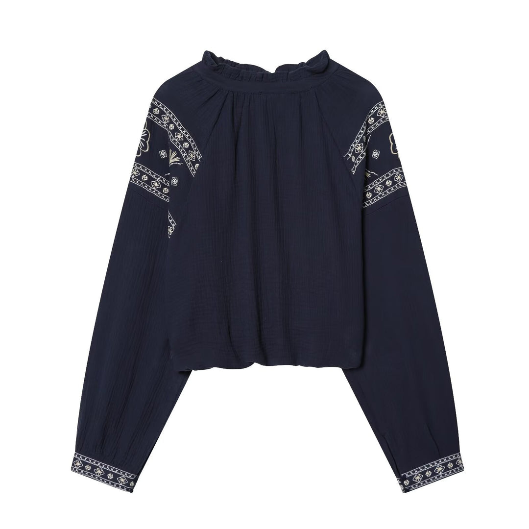 Damen nan bestickte Boho-Bluse mit gerafftem Stehkragen, Ballonärmeln und kurzem Saum EB