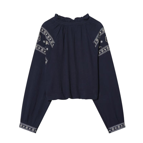 Damen nan bestickte Boho-Bluse mit gerafftem Stehkragen, Ballonärmeln und kurzem Saum EB