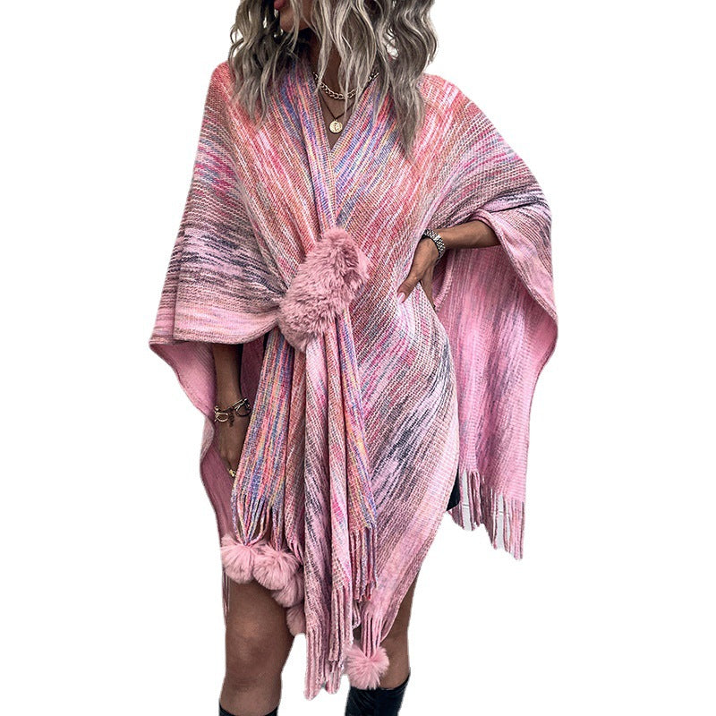 Damen modischer Poncho mit luxuriösem Kunstfellbesatz und kreativen Fransen EB