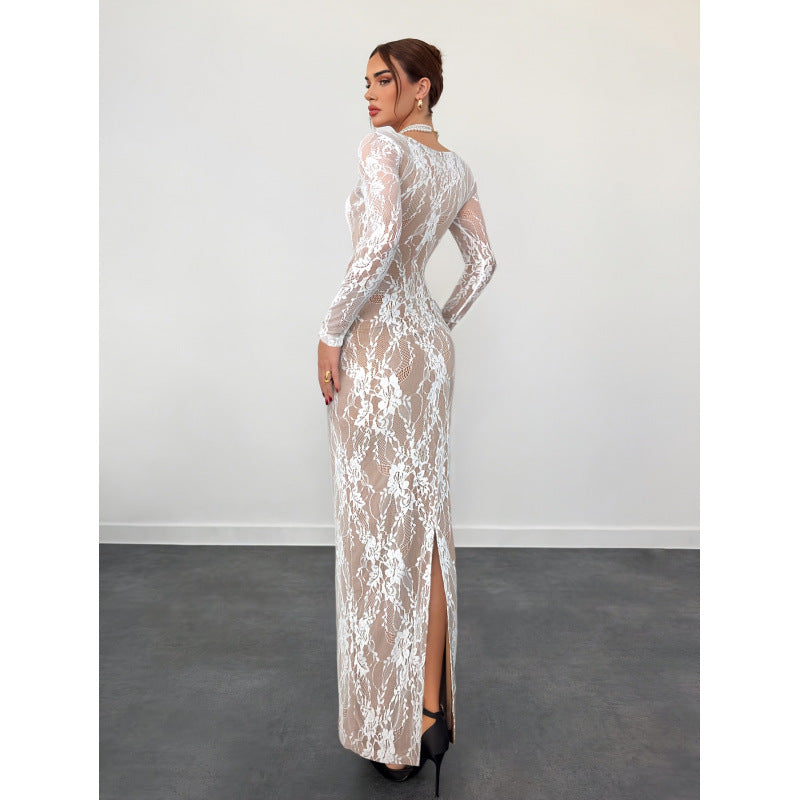 Damen Spitzenkleid mit langem Arm und luxuriösen Details EB