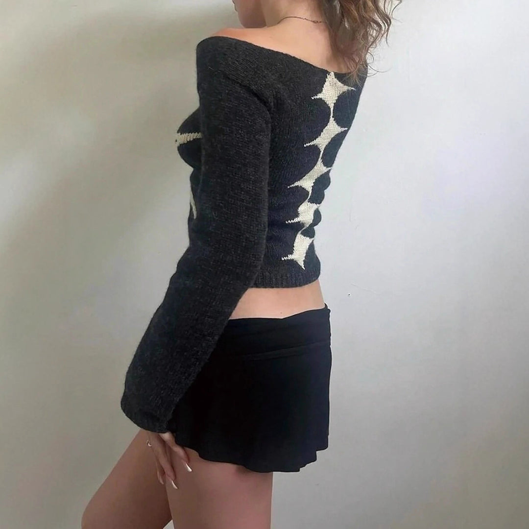 Damen Pullover mit geometrischem Blumenmuster und schulterfreier Passform EB