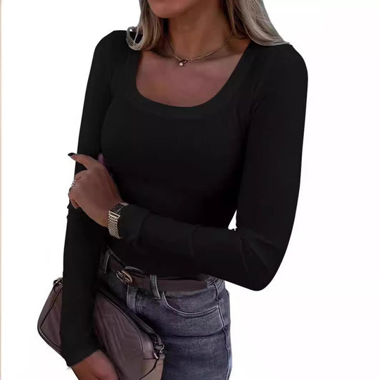 Damen Langarm Ripp-T-Shirt mit elegantem U-Boot-Ausschnitt EB