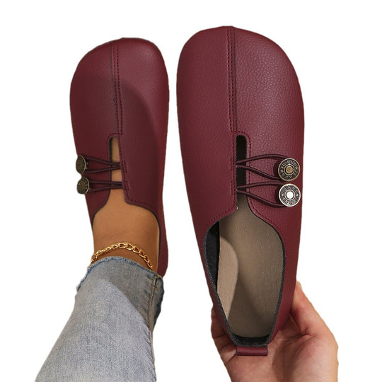 Damen  flache Slipper-Pantoletten aus Wildlederoptik mit elastischer Schnürung und dekorativem Zierknopf EB
