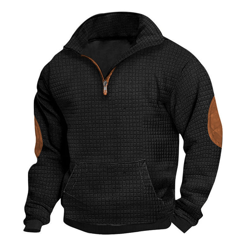 Herren nan thermoregulierender Waffelstrick-Halbzippullover mit Kängurutasche und Lederimitat-Ellbogenpatches EB