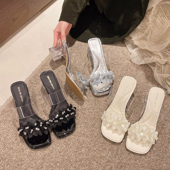 Damen Transparente Mules mit floralem Design und glitzerndem Blockabsatz EB
