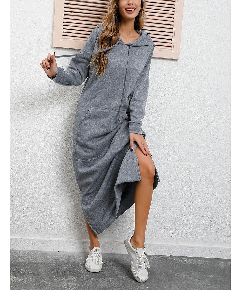 Damen nan langes Kapuzen-Sweatkleid mit Kängurutasche, Seitenschlitzen und lockerer Oversize-Passform EB