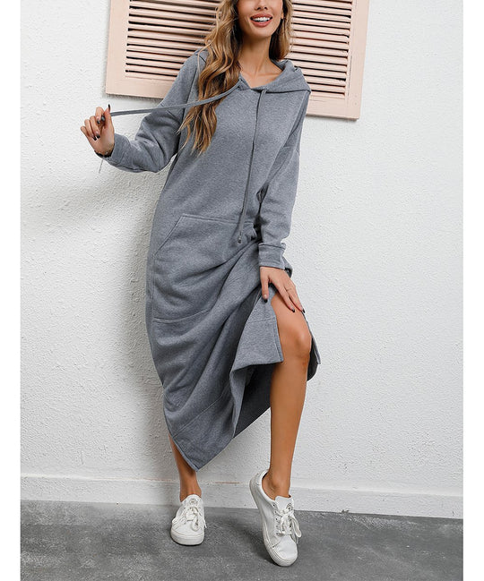 Damen nan langes Kapuzen-Sweatkleid mit Kängurutasche, Seitenschlitzen und lockerer Oversize-Passform EB
