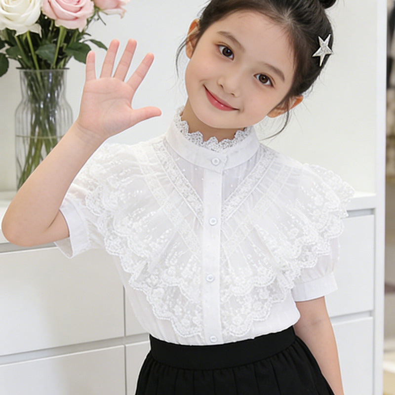 Mädchen elegante Rüschenbluse mit Spitzenbesatz EB