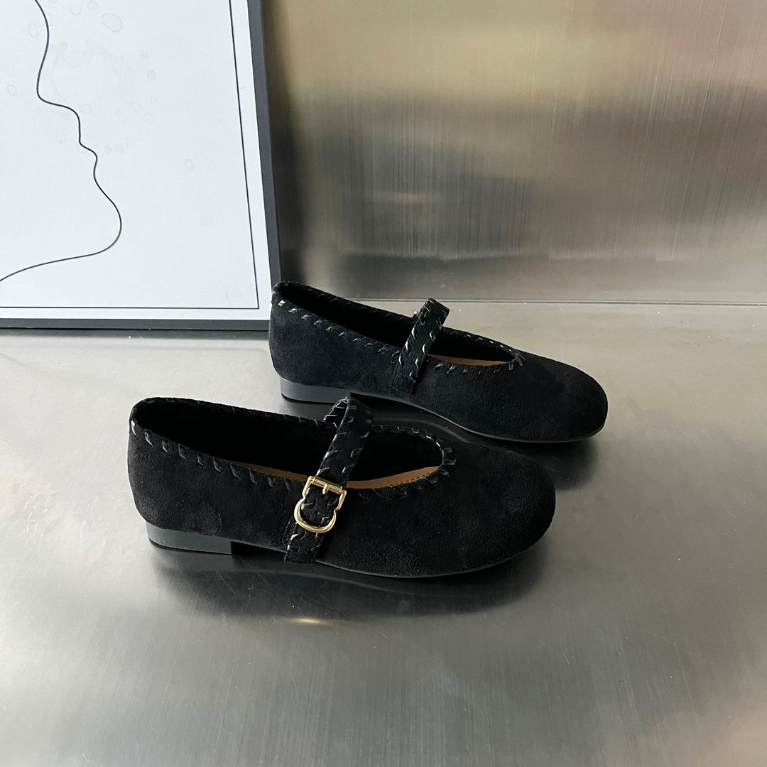 Damen elegante Ballerinas mit geflochtenem Riemen und hochwertiger Veloursoberfläche EB