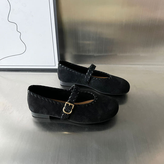 Damen elegante Ballerinas mit geflochtenem Riemen und hochwertiger Veloursoberfläche EB
